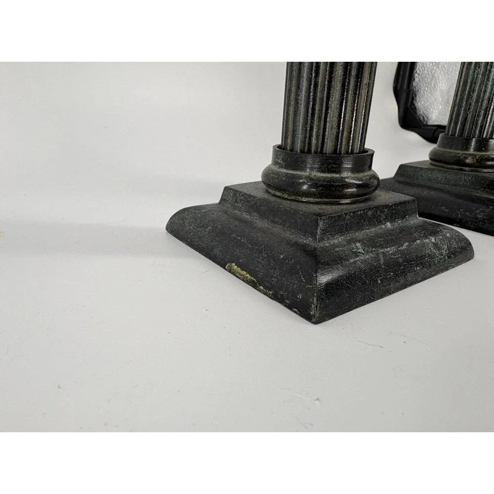 Vintage Green Patina Metal Fluted Column Candle Holders Pair 7
